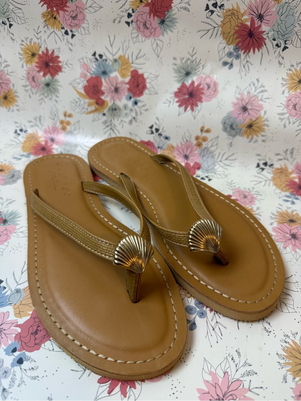 Calypso St. Barth Tan Leather Thong Sandals with Gold Shell Accent